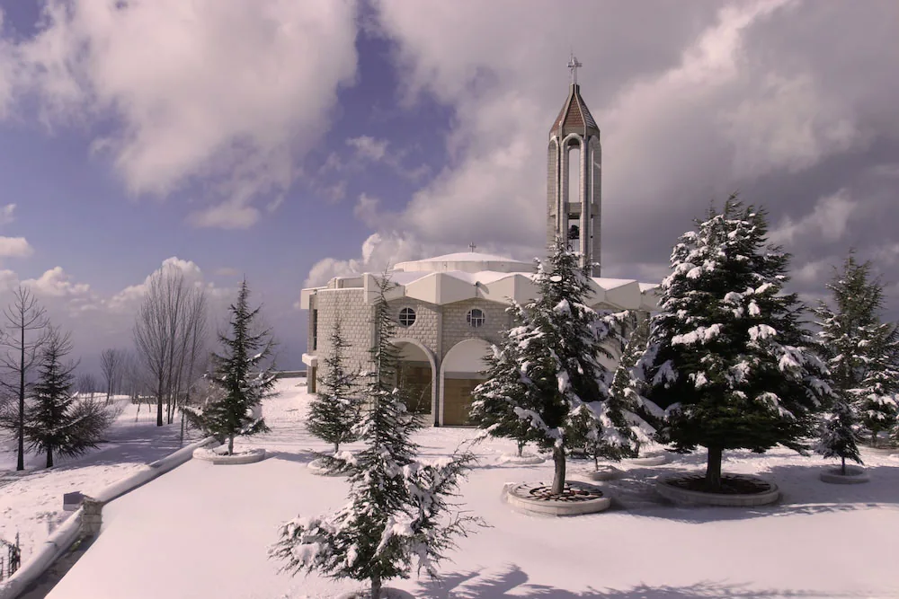 The church of the monastery of Saint Maron at Annaya in the snow