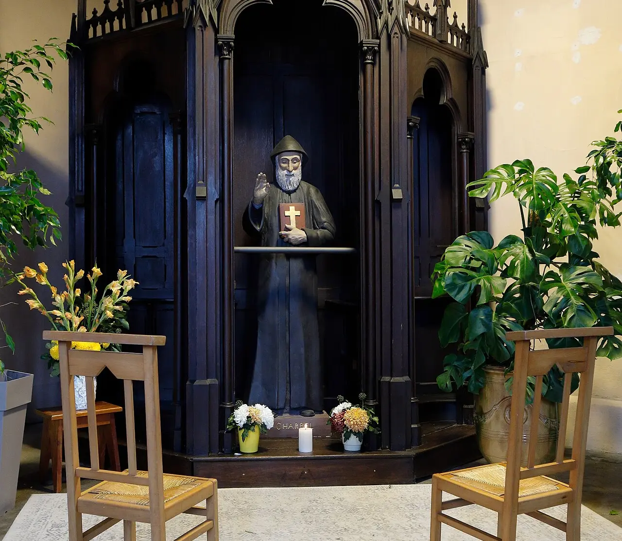 The chapel of Saint Charbel in the church of Saint-Martin in Aniche, France, with kneelers for prayer