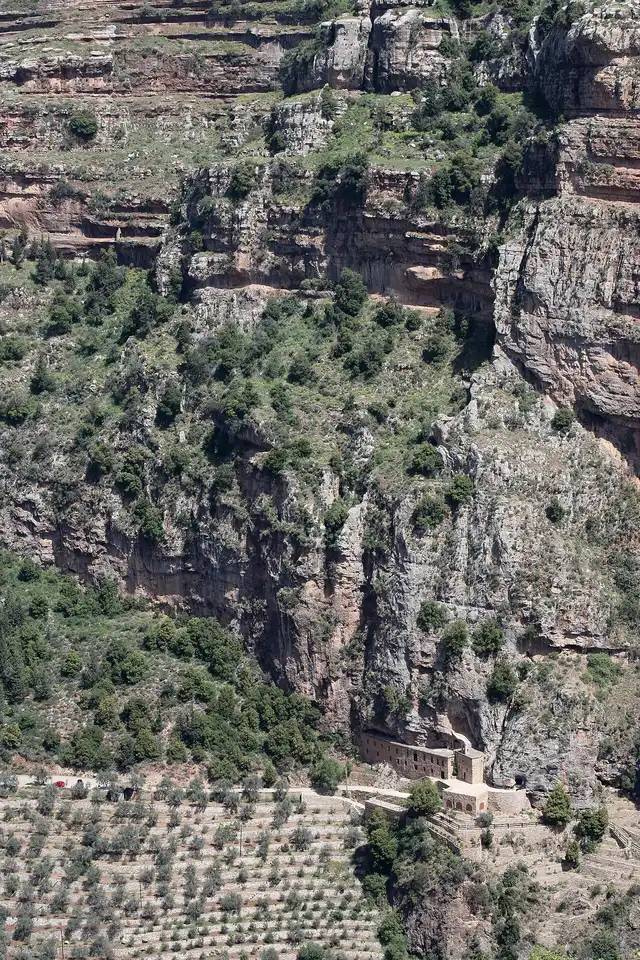 Mar Lichaa monastery, its stone buildings tucked under an overhanging cliff in the Qadisha Valley above olive terraces. Photo by Eusebius, Wikimedia Commons
