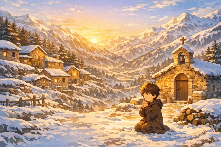 Illustration from the children's storybook: a child praying outside a mountain chapel at sunrise