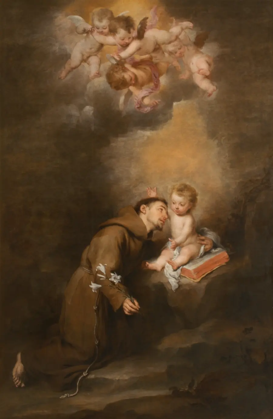 Saint Anthony kneeling before the Christ Child, who stands on a book - Murillo