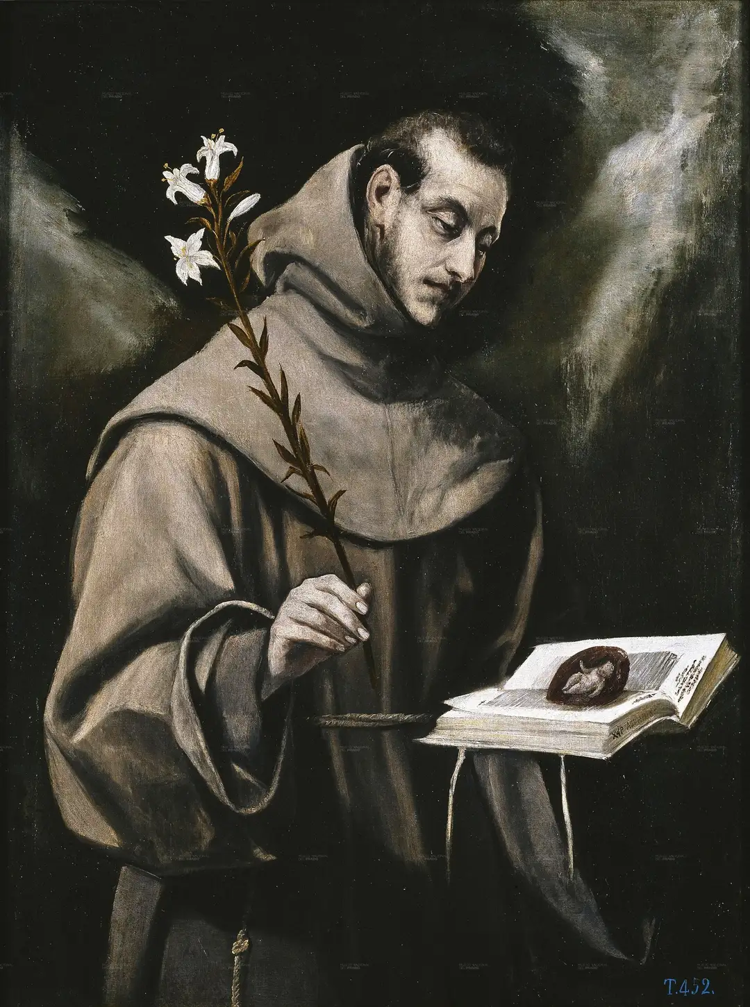 Saint Anthony of Padua in a Franciscan habit, holding a lily, an open book before him - El Greco