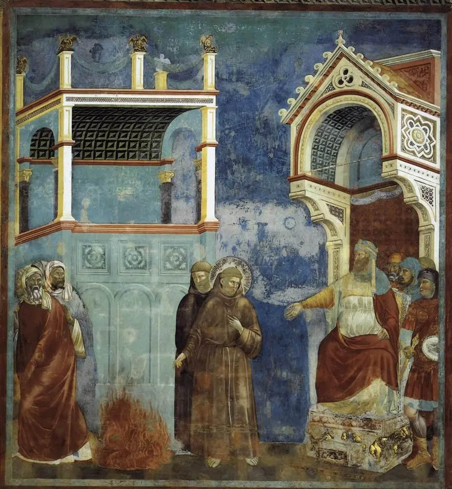 Giotto's fresco of Saint Francis before the Sultan - Francis stands at the left, gesturing, while a fire burns at the center