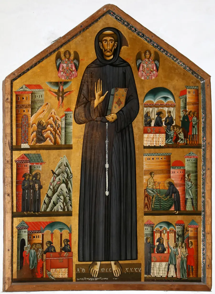 Saint Francis of Assisi, full-length, surrounded by scenes of his life - the 1235 panel by Bonaventura Berlinghieri