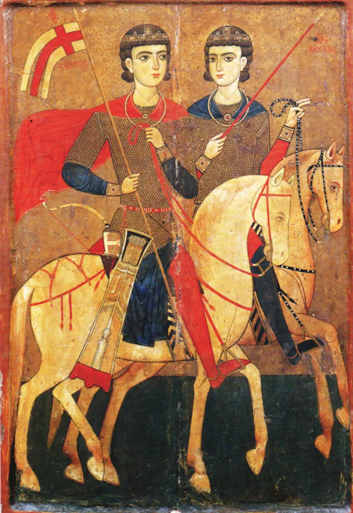 Icon of two saints in chain mail on horseback, one holding a banner with a cross and one a lance