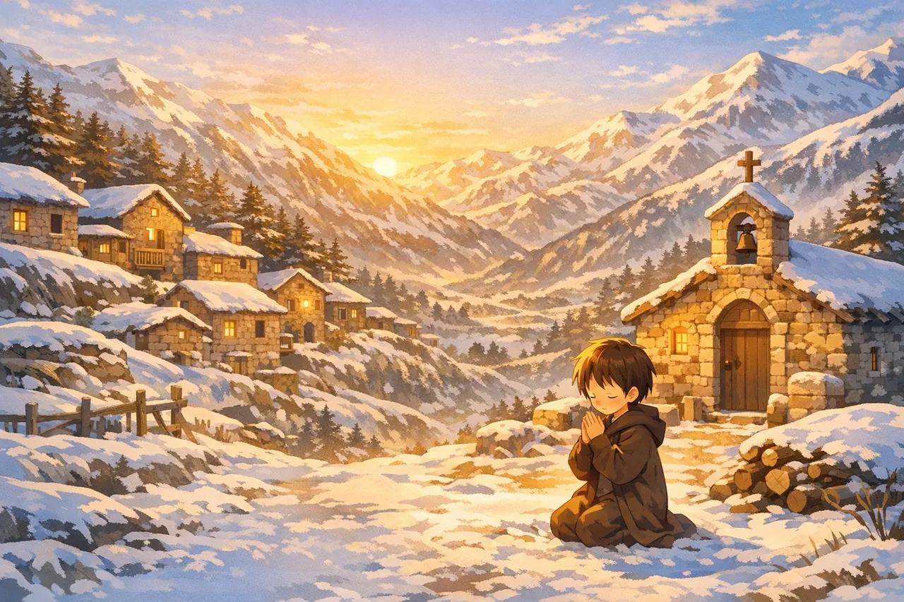 Illustration from the Saint Charbel storybook: a child kneels in prayer in the snow outside a stone chapel in a mountain village at sunrise